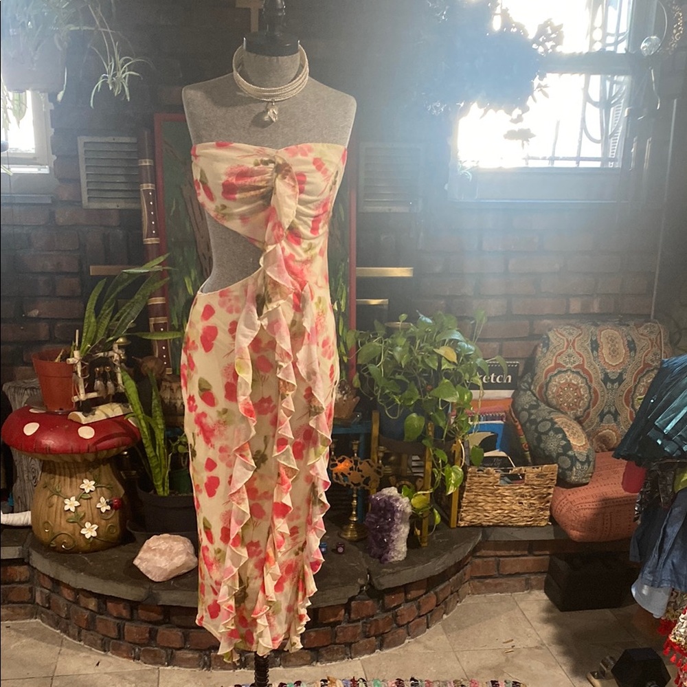 Fashion Nova Floral Strapless Dress - Pink and Green